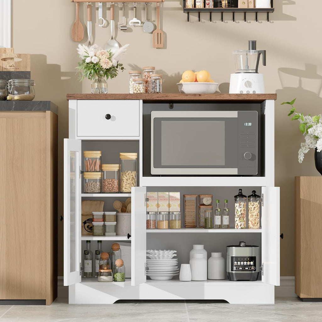 Senfot Kitchen Microwave Cabinet with Storage and Drawers, Modern Small Buffet Cabinet with Glass Doors and Adjustable Shelf, Wooden Sideboard with Wide Top for Dining Room, Living Room, White