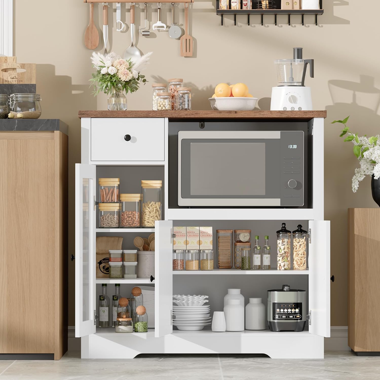 Senfot Kitchen Microwave Cabinet with Storage and Drawers, Modern Small Buffet Cabinet with Glass Doors and Adjustable Shelf, Wooden Sideboard with Wide Top for Dining Room, Living Room, White
