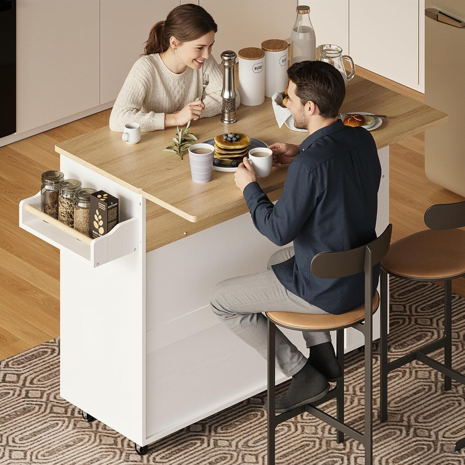 IRONCK Kitchen Island with Power Outlet & Drop Leaf, 47.2' Width Rolling Kitchen Island on Wheels with Storage, Mobile Kitchen Island Cart with Spice Rack, Open Shelves and Drawer, White
