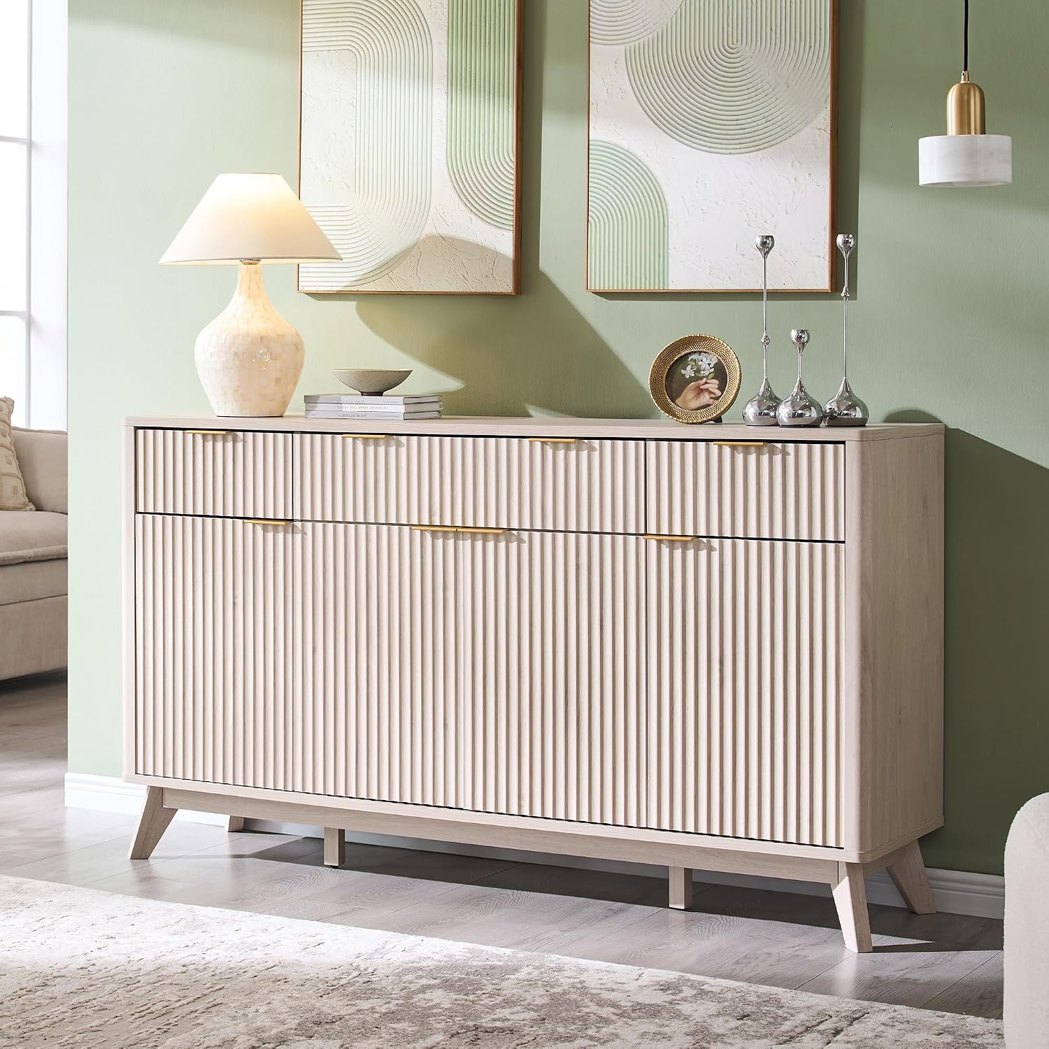 OKD Fluted Storage Cabinet with Drawers, 60' Morden Buffet Sideboard Coffee Bar Cabinet with 4 Doors and 3 Drawers for Dining Room, Living Room,Hallway (White Alder)