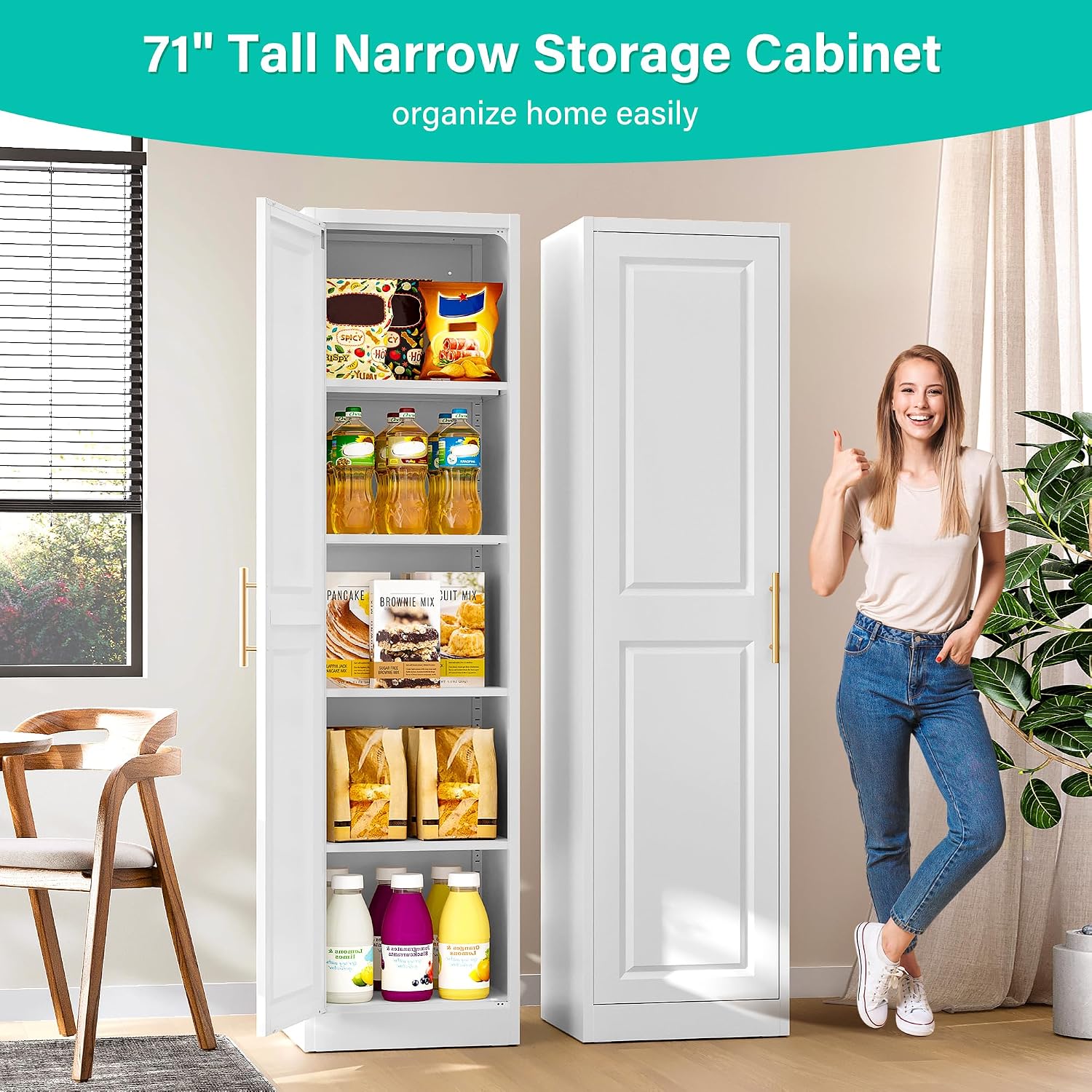 SISESOL 71' Tall Narrow Storage Cabinet with 1 Door and 5 Shelves,Slim Kitchen Pantry Cabinet,White Metal Bathroom Cabinets,Large Cupboard for Home,Kitchen,Laundry,Bathroom