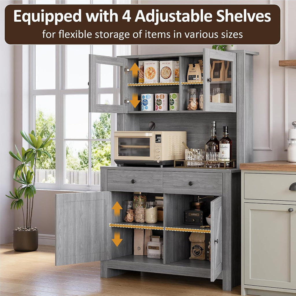 IDEALHOUSE 63' Kitchen Pantry Cabinet with Drawers, Hutch Cabinet with Storage, Microwave Stand, Adjustable Shelves, Freestanding Tall Pantry Storage for Dining Room, Living Room, Grey
