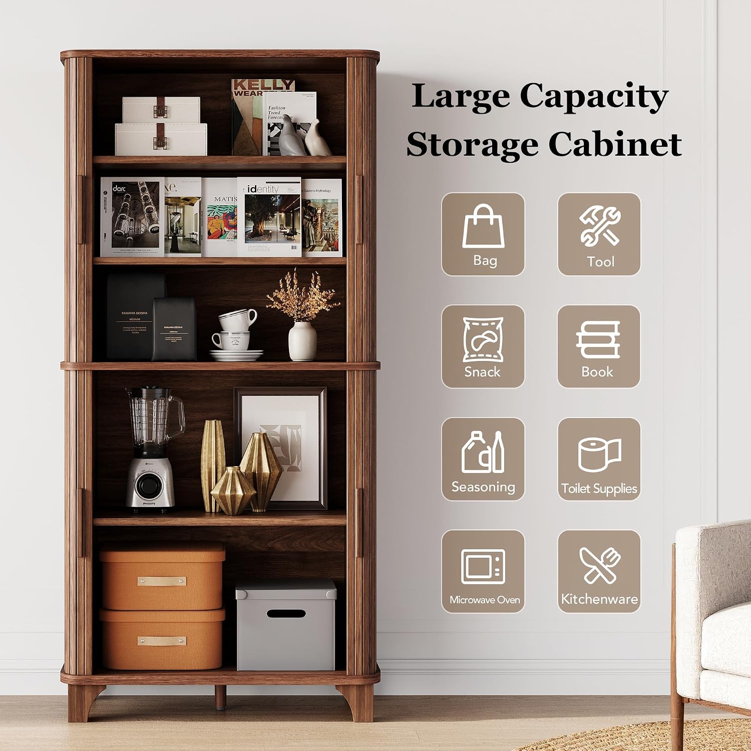 Decofy 69' Tall Kitchen Pantry Storage Cabinet with Sliding Door, Modern Curved Edge Pantry Storage Cabinet with 5 Shelves, Cupboard for the Kitchen, Dining Room, Bedroom, Living Room, Office (Walnut)