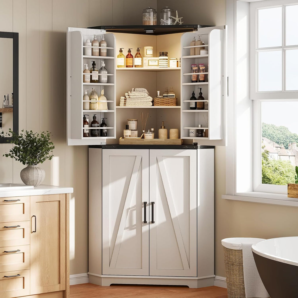 Dripex 71' White Farmhouse Corner Pantry Cabinet with LED Light, Tall Storage Cabinet with Doors & Adjustable Shelves, Food Pantry for Kitchen, Living Room, Dining Room