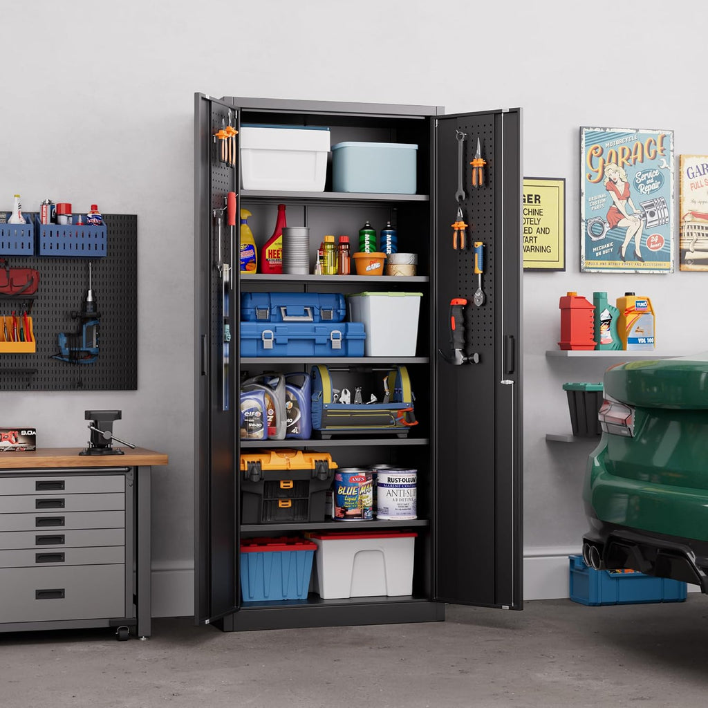 Aobabo 71' H×32' W×16' D Metal Storage Cabinet with 5 Adjustable Shelves, Locking Garage Storage Cabinet with Pegboards and 4 Hooks for Garage, Office, Black, Assembly Required
