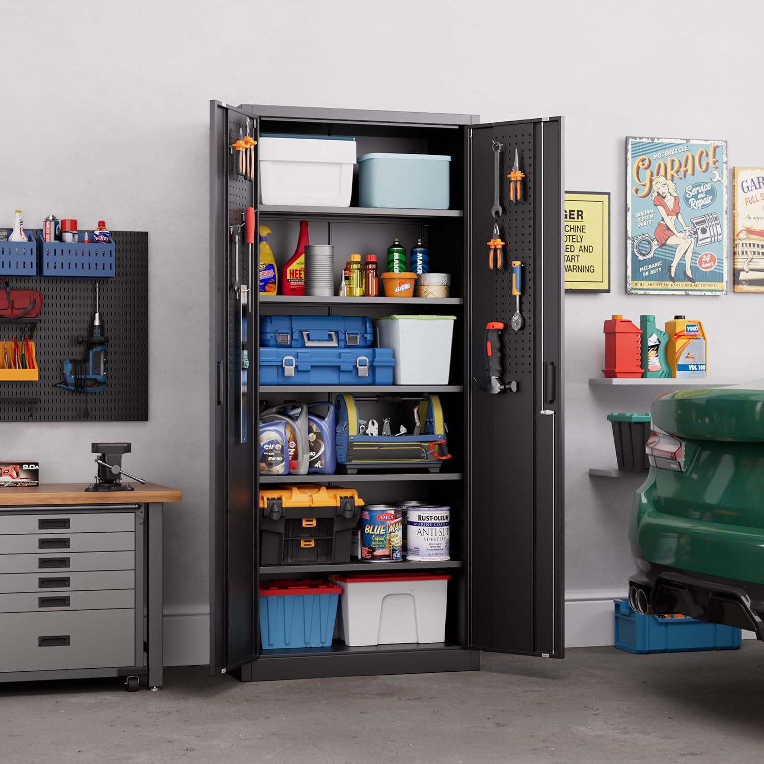 Aobabo 71' H×32' W×16' D Metal Storage Cabinet with 5 Adjustable Shelves, Locking Garage Storage Cabinet with Pegboards and 4 Hooks for Garage, Office, Black, Assembly Required