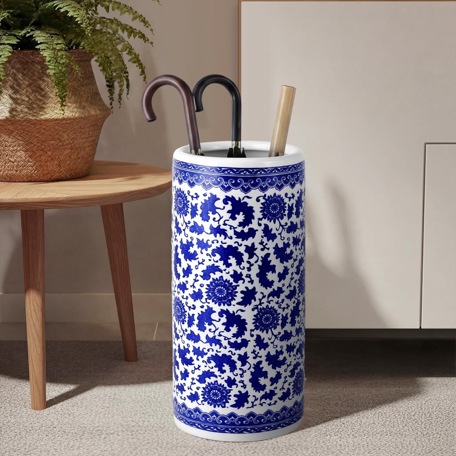 Sawysine Blue and White Ceramic Umbrella Stand, Floral Design Floor Vase for Entryway Indoor Decorative, 19.7' Heavy Porcelain Holder for Umbrellas Canes Home Decor(19.7 Inch,Lotus in Vine)