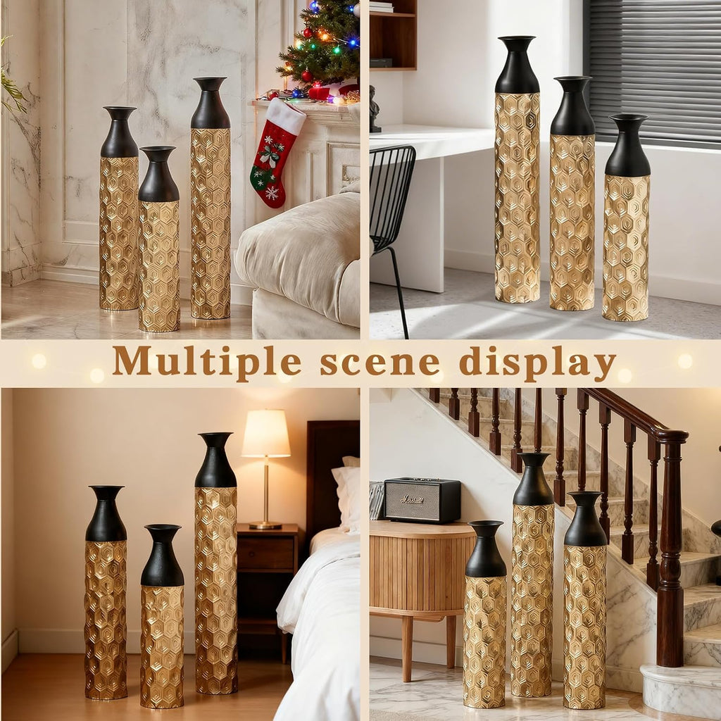 Floor Vases Decorative Tall - 24.8/29.1/33.8 in Metal Cylinder Vases Extra Large Decorative Vase Set of 3 Living Room Luxury Big Standing Decor for Dining Bedroom Home Corner Indoor