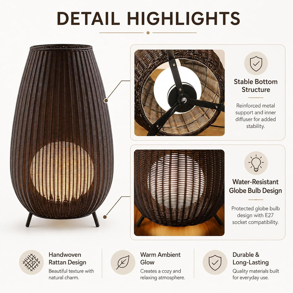 MIXL-Coffee Brown Rattan Floor Lamp,Waterproof Outdoor Patio Lamps with Globe Shade,Wicker Shade Indoor & Outdoor Floor Lamp for Garden Lawn and Living Room