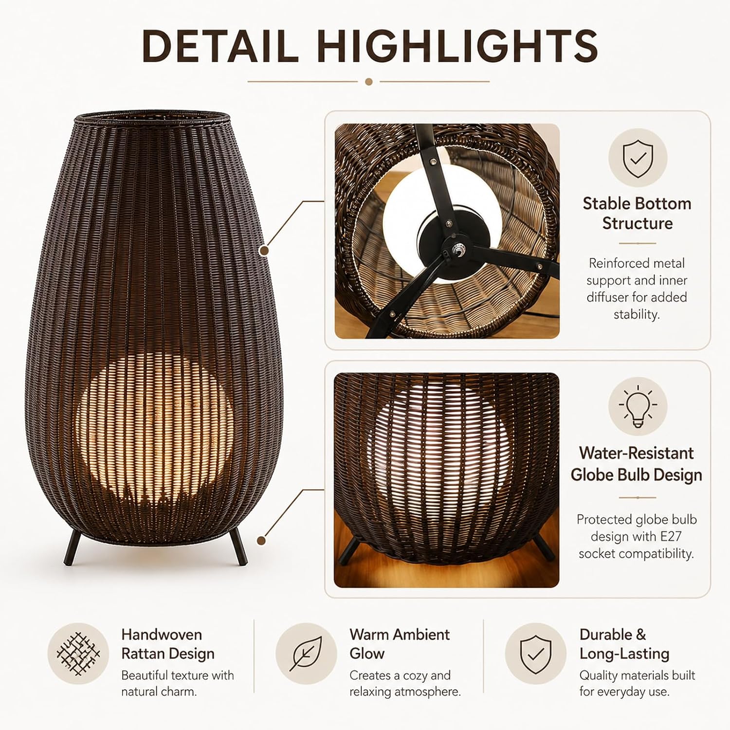 MIXL-Coffee Brown Rattan Floor Lamp,Waterproof Outdoor Patio Lamps with Globe Shade,Wicker Shade Indoor & Outdoor Floor Lamp for Garden Lawn and Living Room