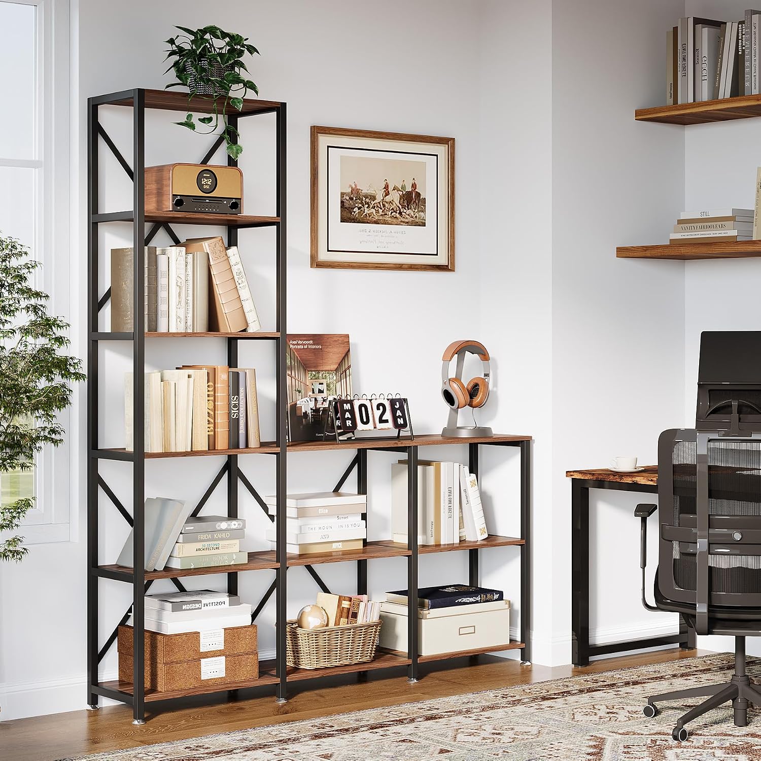 Tribesigns 5-Tier Ladder Staggered Bookshelf, Industrial Corner Bookcase with 9 Open Shelves, Modern Display Rack Storage Shelf for Home & Office
