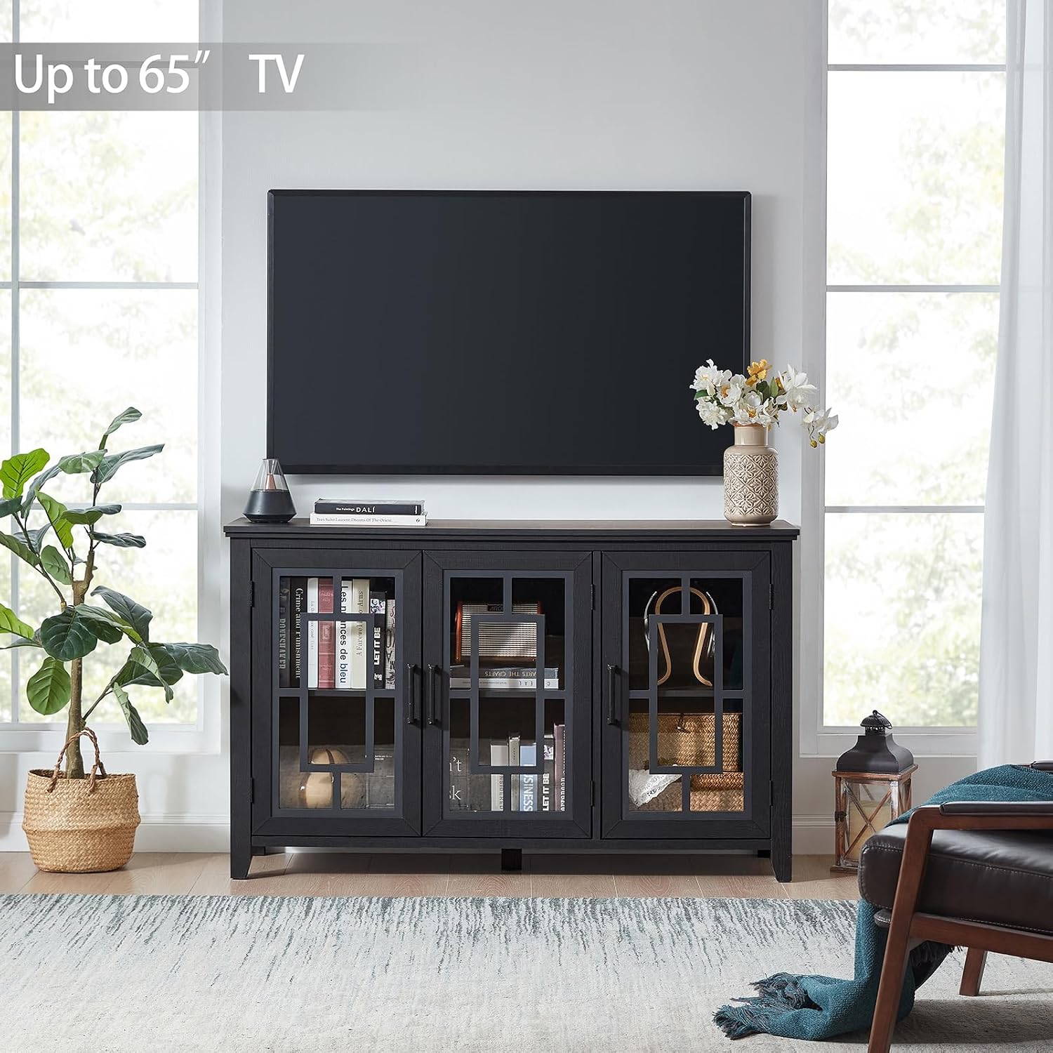 Joaxswe Large Sideboard Buffet Cabinet with Storage, 55' Farmhouse Black Kitchen Coffee Wine Bar Cabinet with 3 Glass Doors, Wood Mid Century Modern Side Board Table for Dining Room, Living Room