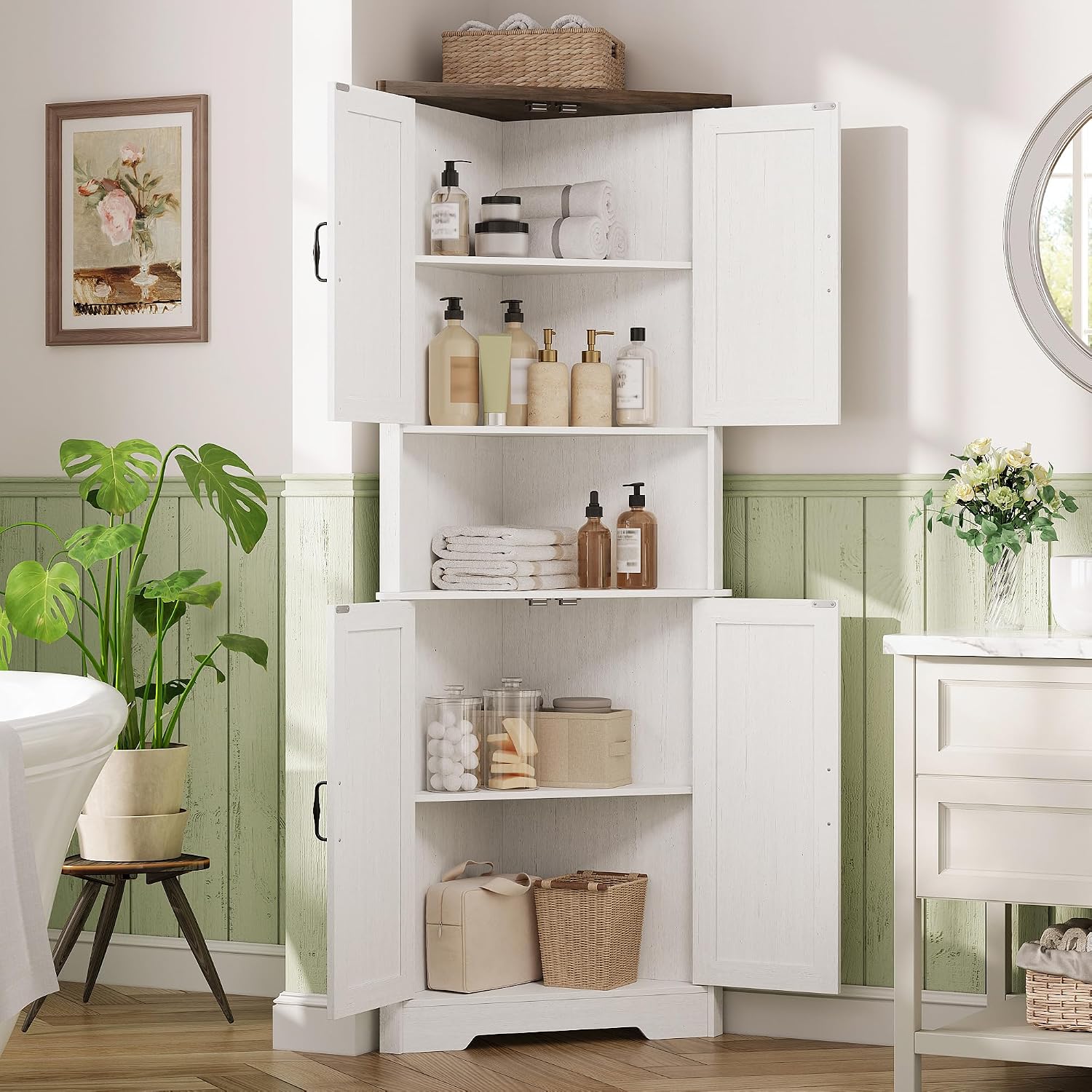 Vabches Tall Corner Cabinet, Corner Bathroom Cabinet, 67' Farmhouse Storage Cabinet with 4 Doors and Adjustable Shelves, Home Space Saver for Bathroom, Kitchen, Living Room, Pantry, Distressed White