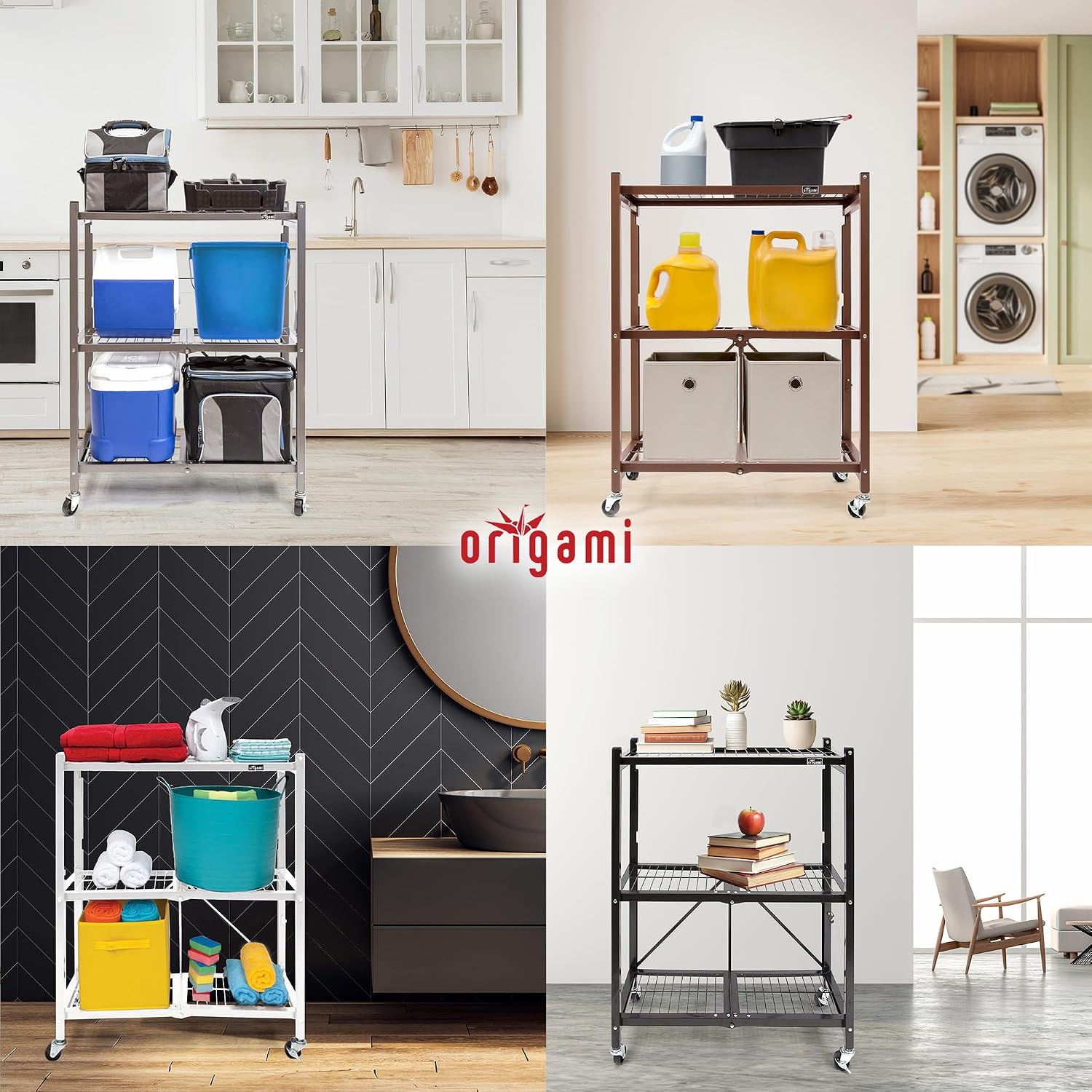 Origami 2 Pack 3 Tier Folding Shelves, Storage Shelving Rack Unit with Wheels, Pewter