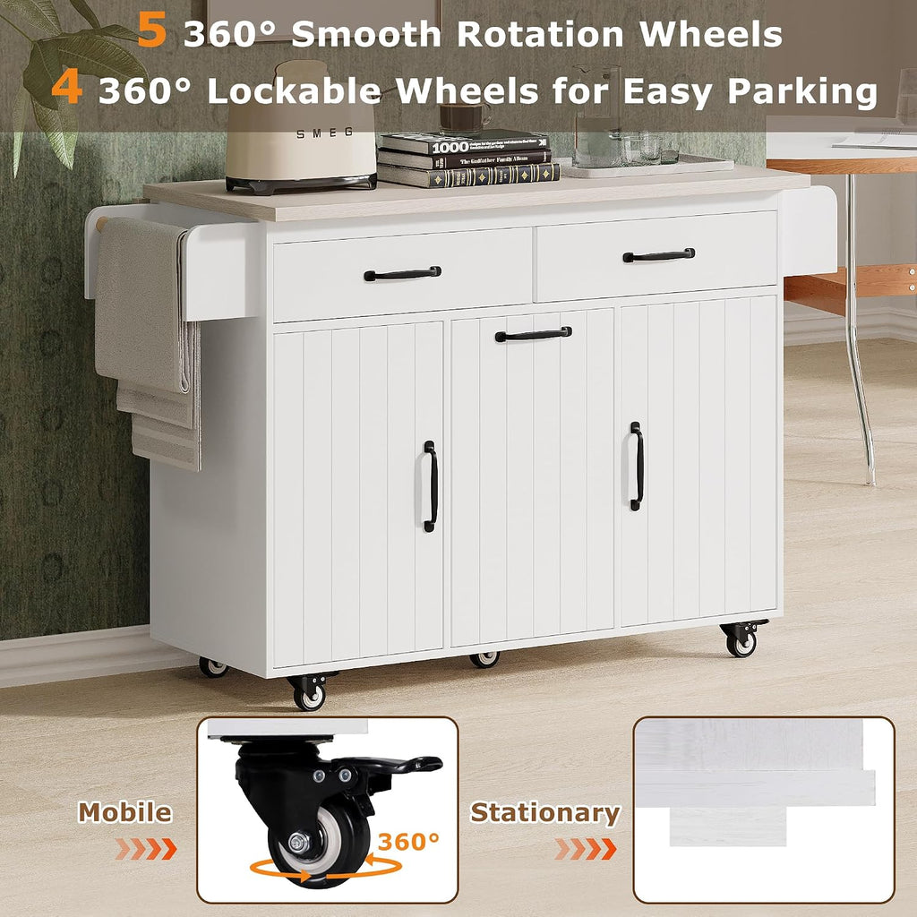 Rolling Kitchen Island Carton Wheels with Trash Can Storage Cabinet, Drop Leaf, Spice Rack, Towel Rack, Drawer, Adjustable Shelf for Dining Room Kitchens White