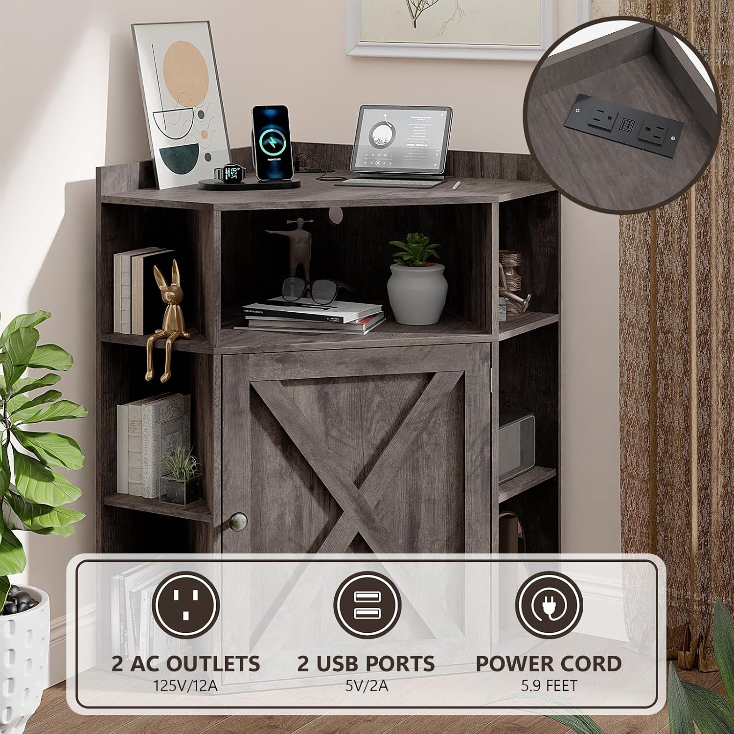 Vabches Corner Cabinet, Corner Storage Shelf with USB Ports and Outlets Industrial Organizer for Small Space Wooden 6-Cubby Bookshelf for Study, Playroom, Living Room (Rustic Grey)