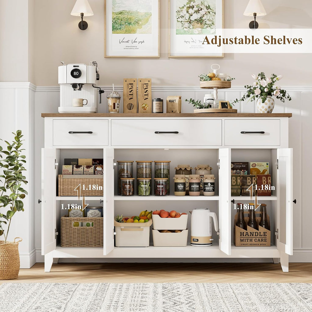 HORSTORS 55' Buffet Cabinet, Modern Farmhouse Sideboard Buffet with Drawers, Large Kitchen Storage Cabinet with Adjustable Shelves, Wood Coffee Bar for Kitchen, Dining Room, Living Room, White