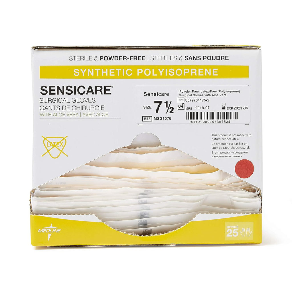Medline SensiCare with Aloe Sterile Powder and Latex-Free Surgical Glove, Size 7.5, White (Pack of 100)