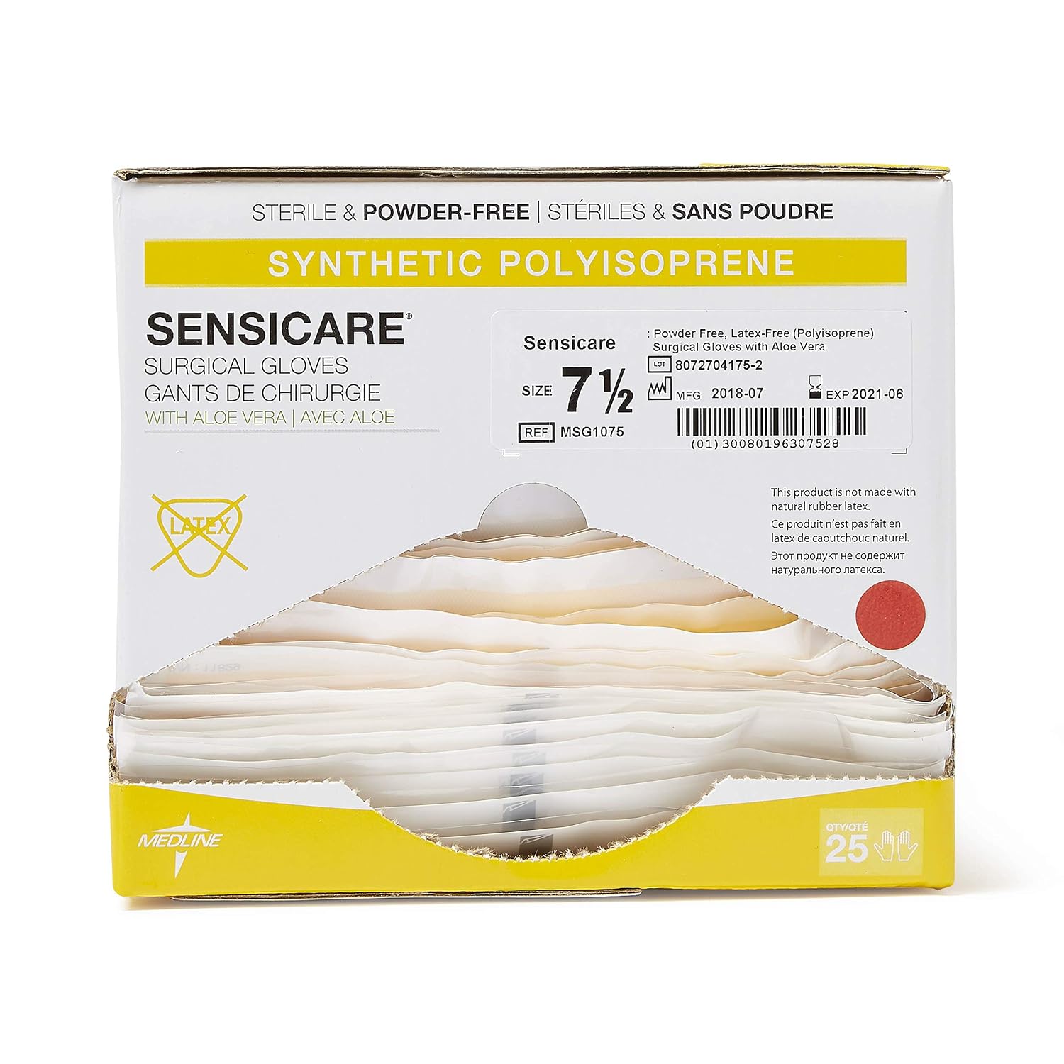 Medline SensiCare with Aloe Sterile Powder and Latex-Free Surgical Glove, Size 7.5, White (Pack of 100)
