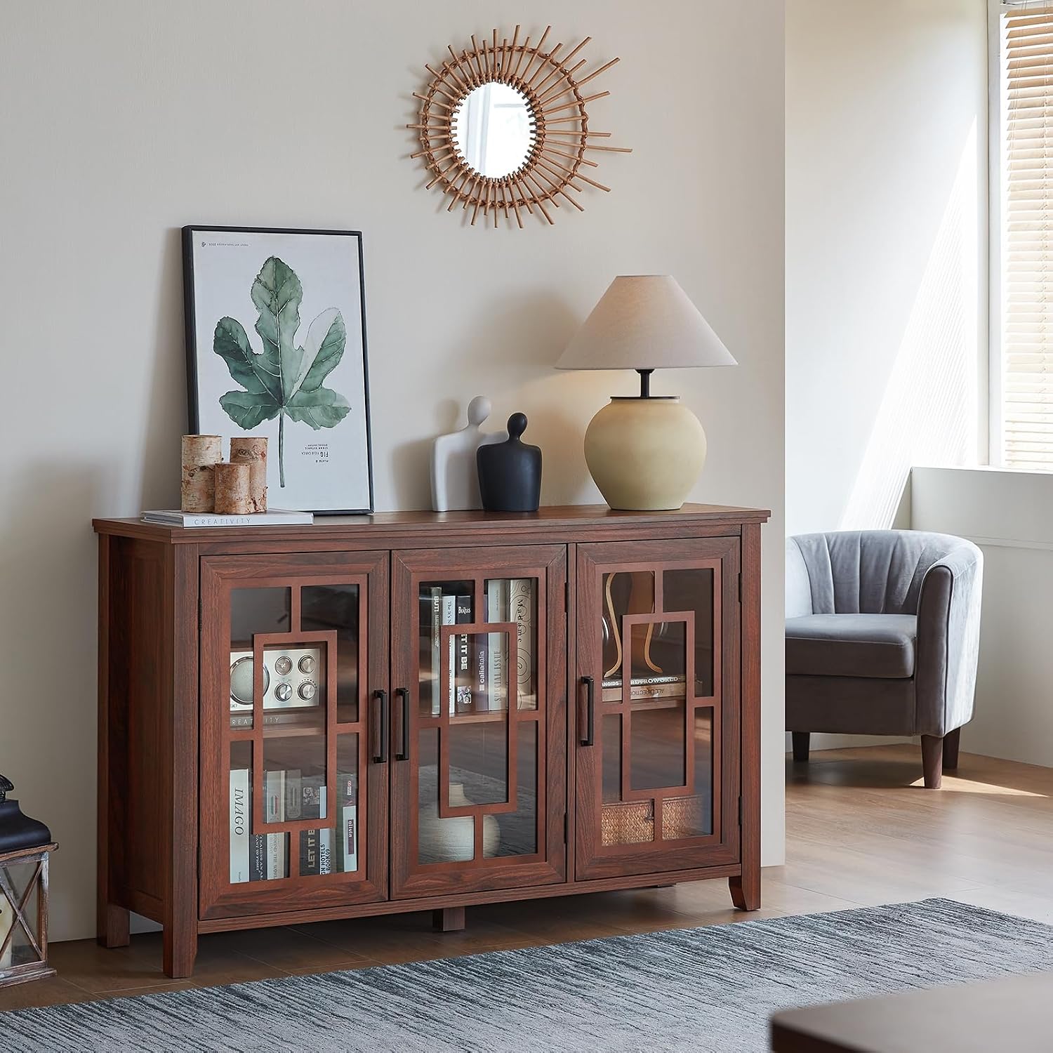 Joaxswe Large Sideboard Buffet Cabinet with Storage, 55' Farmhouse Credenza with 3 Glass Doors, Adjustable Shelves Console Table, Wood Kitchen Coffee Bar for Dining Room, Living Room, Brown