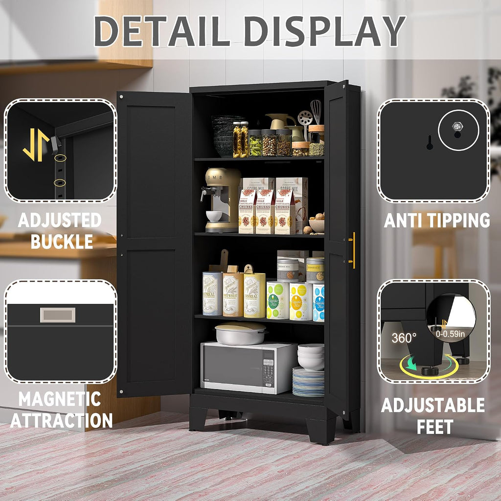 GAIOUS 61.02' Kitchen Pantry Cabinet, Pantry Storage Cabinet with 2 Doors and Adjustable Shelves, Black Food Storage for Kitchen, Living Room, Bedroom and Dining Room (Black) Metal Sideboard