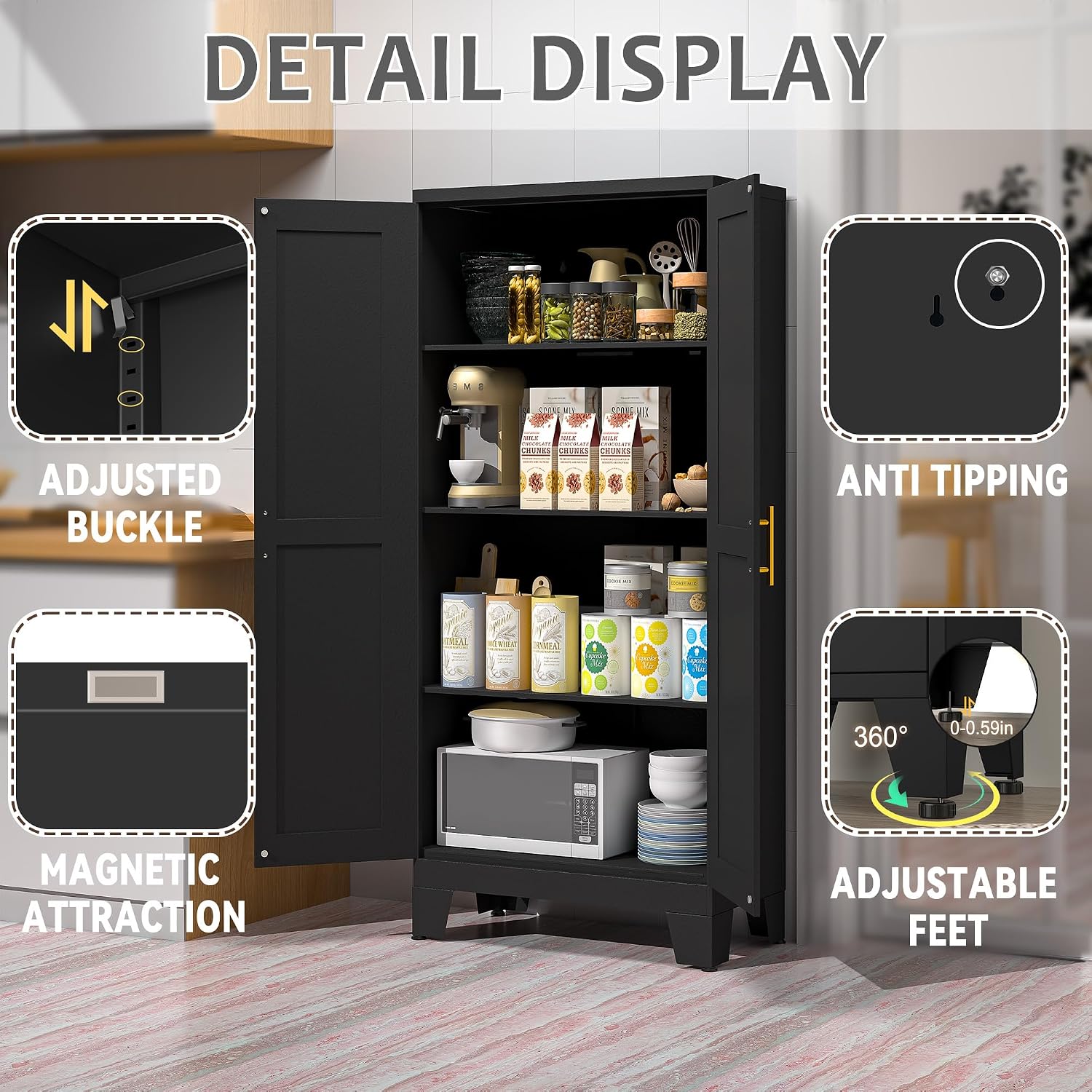 GAIOUS 61.02' Kitchen Pantry Cabinet, Pantry Storage Cabinet with 2 Doors and Adjustable Shelves, Black Food Storage for Kitchen, Living Room, Bedroom and Dining Room (Black) Metal Sideboard