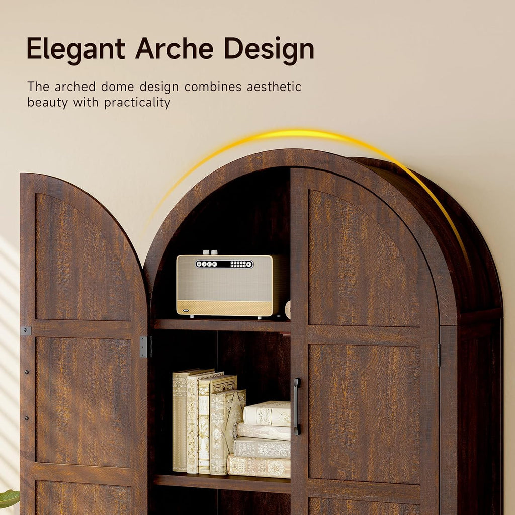 ONBRILL 71' Tall Wooden Arched Cabinet, 5-Tier Arched Kitchen Pantry Cabinet with Doors & Shelves, Farmhouse Kitchen Arch Cabinets with Adjustable Feet, Wooden Pantry Storage for Dining Room(Brown)
