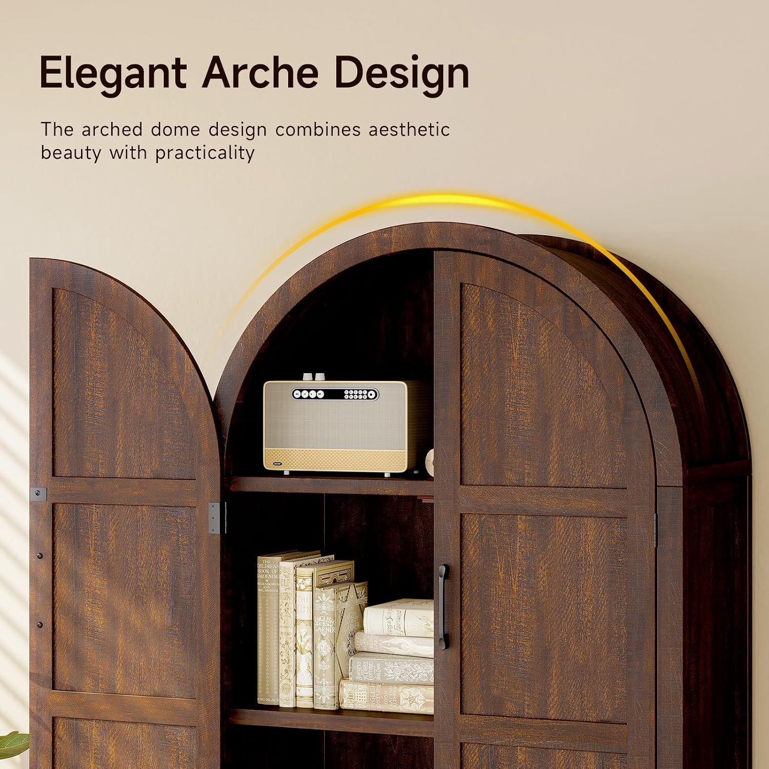 ONBRILL 71' Tall Wooden Arched Cabinet, 5-Tier Arched Kitchen Pantry Cabinet with Doors & Shelves, Farmhouse Kitchen Arch Cabinets with Adjustable Feet, Wooden Pantry Storage for Dining Room(Brown)