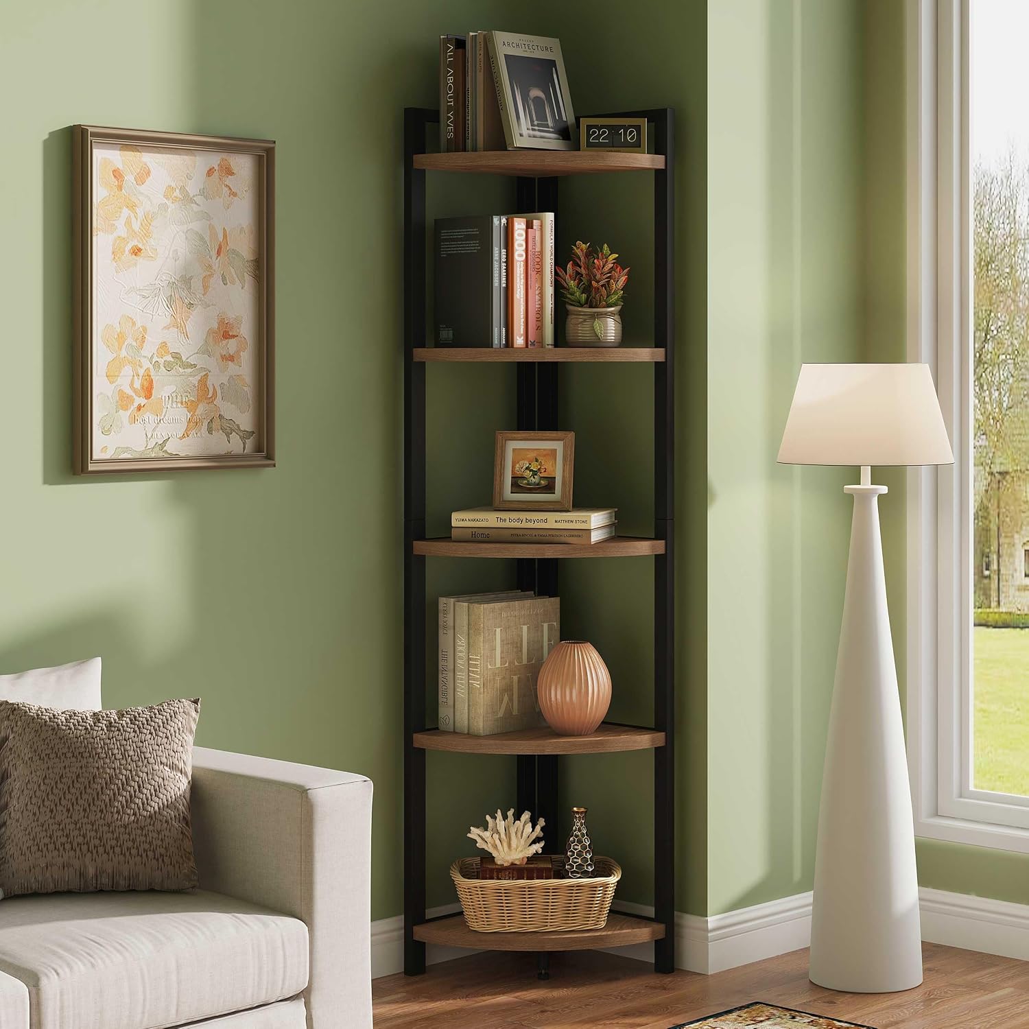 FATORRI Tall Corner Shelf, Industrial Corner Bookshelf, Wood and Metal Corner Shelf Stand for Living Room, Rustic Display Plant Stand for Home Office (Medium Walnut)
