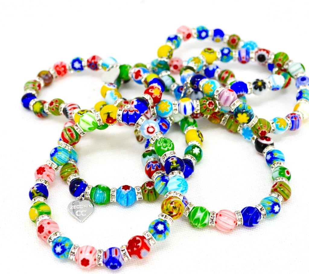 MY ITALIAN DÉCOR - Murano Glass Millefiori Bead Bracelet SET OF 3 | Beaded Bracelet with Elastic | Handmade for Woman | Made In Italy
