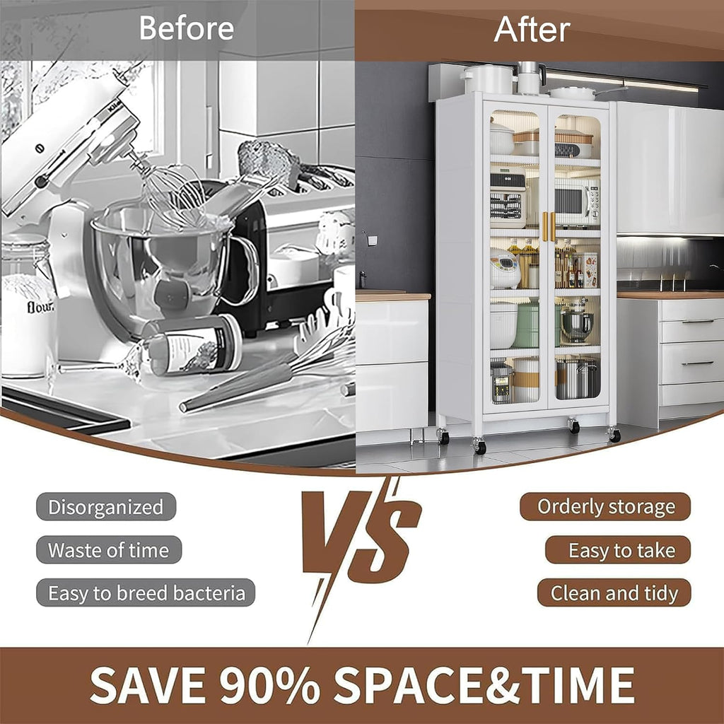 67.3' Kitchen Pantry Storage Cabinet,Display Storage Cabinet Magnetic Doors, Adjustable Shelves & Wheels,Metal Tall Food Pantries Cabinets,for Kitchen, Living Room and Dining Room, White