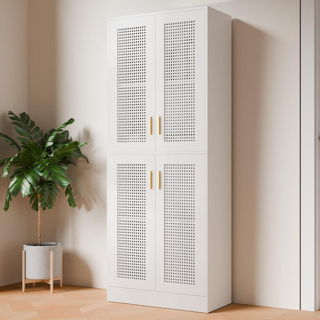 Cozy Castle Kitchen Pantry Cabinet, 71' Tall Rattan Doors Storage Cabinet and Adjustable Shelves, Modern Farmhouse Wood Cupboard Utility Hutch for Kitchen, Dining Room, Living Room (White)