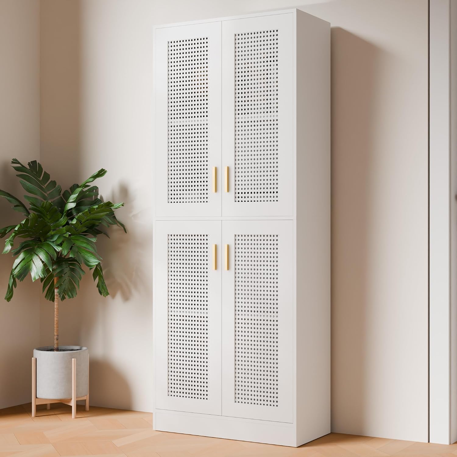 Cozy Castle Kitchen Pantry Cabinet, 71' Tall Rattan Doors Storage Cabinet and Adjustable Shelves, Modern Farmhouse Wood Cupboard Utility Hutch for Kitchen, Dining Room, Living Room (White)