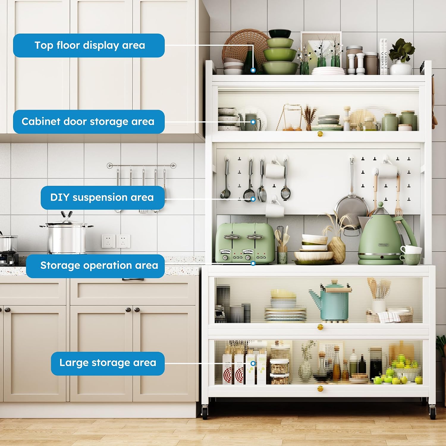 65'' Tall Kitchen Bakers Rack with Flip Door Cabinet, 5 Tier Multifunctional Microwave Stand Buffet, Coffee Bar, Kitchen Pantry Storage Cabinet Shelf, Quick Assembly, White