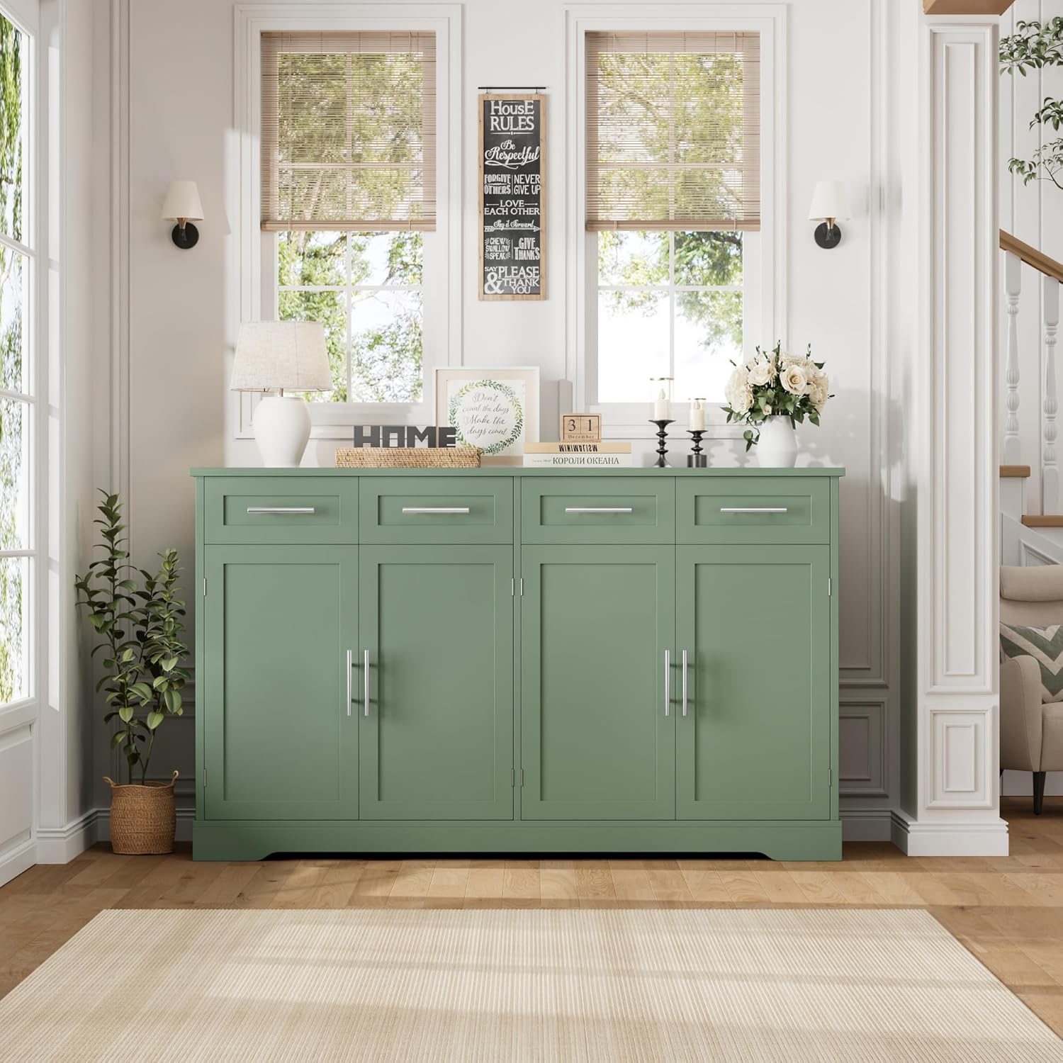 HOSTACK 60' Large Buffet Sideboard with Storage, 36' Tall Kitchen Buffet Storage Cabinet with 4 Drawers, Modern Coffee Bar Cabinet with Silver Handles, Long Sideboard Buffet Table for Kichen, Green