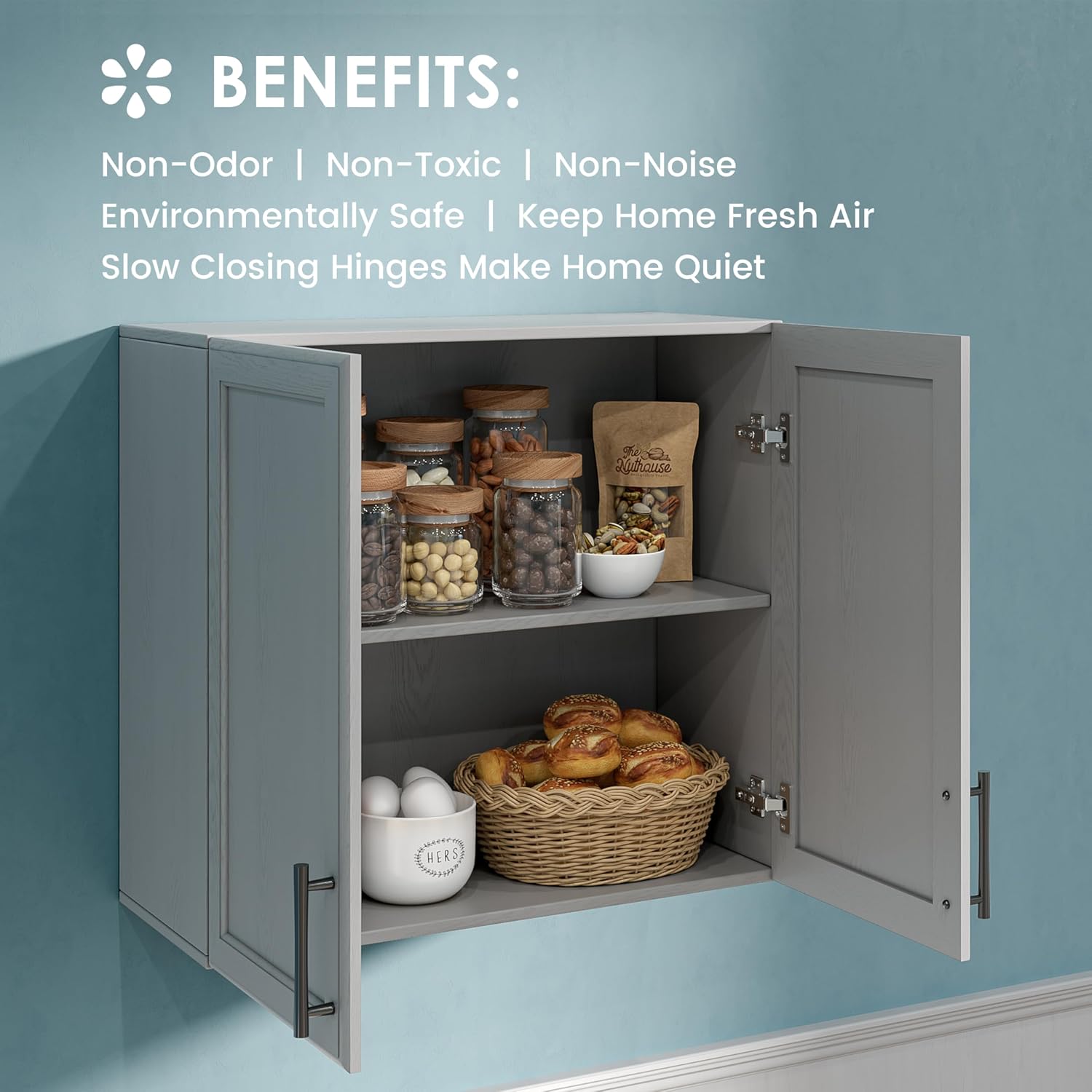 Furnaza Wall Storage Cabinet - Kitchen Laundry Wall Amount Cabinet with Two Shaker Doors and Shelf, in Grey, 24'Wx2 Pcs