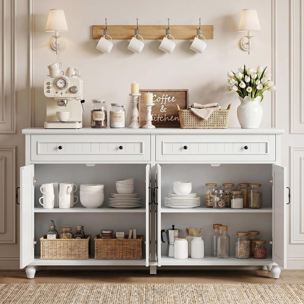 Scurrty Sideboard Buffet Cabinet, 62'' Large Storage Cabinet with Drawers and 4 Doors, Vintage Coffee Bar Cabinets with Adjustable Shelf for Kitchen, Living Room, White