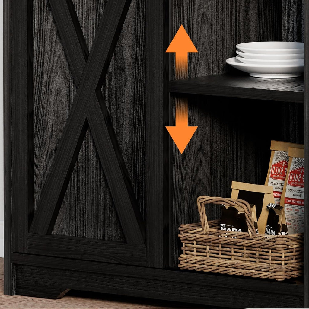 BestHaped Farmhouse Coffee Bar with 3 Tier Storage Hutch, 56 Inch Small Bar Station with 6 Hooks, Corner Table with Adjustable Shelves for Living Dining Room Black