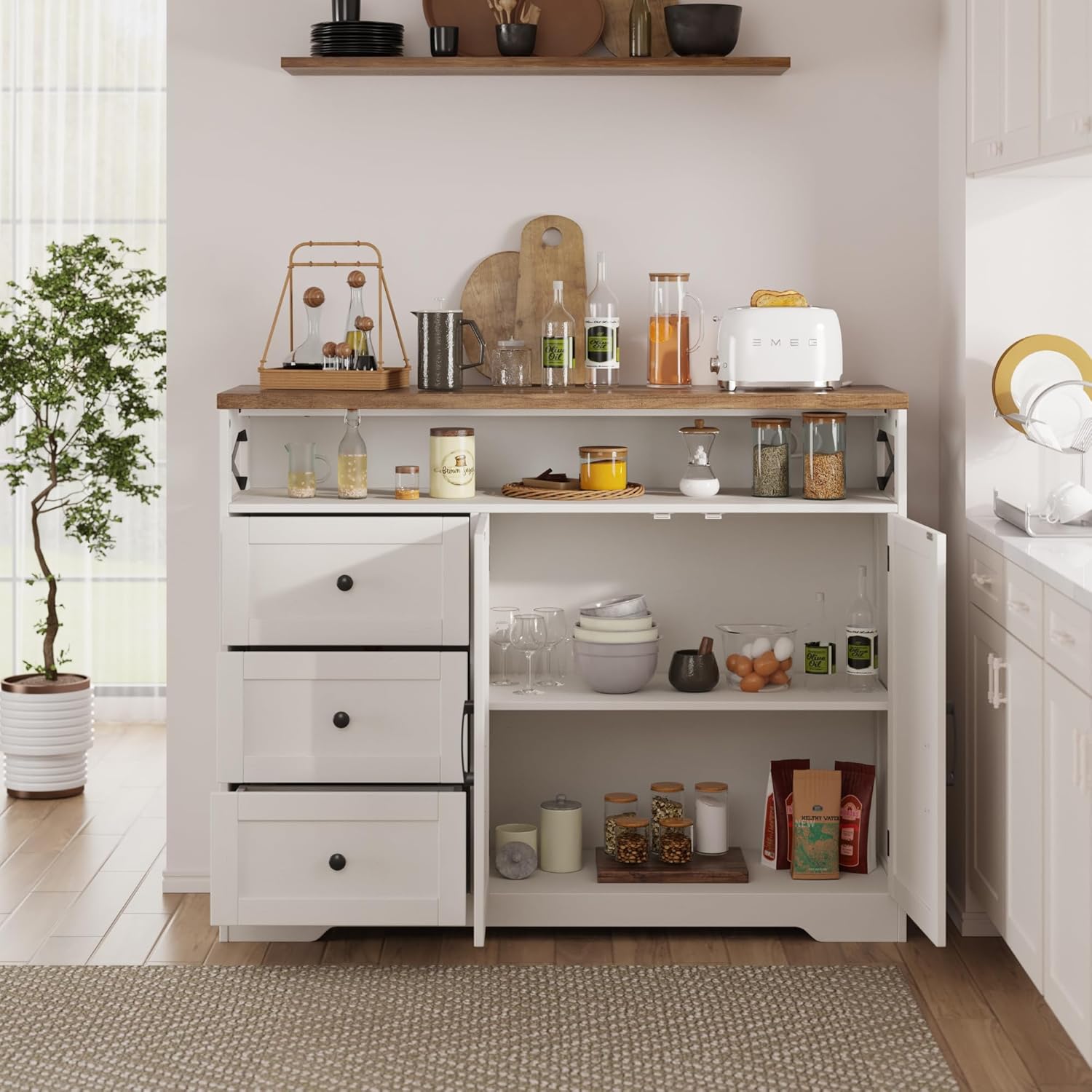47' Antique White Storage Cabinet with Doors and Drawers, Farmhouse Sideboard Buffet Cabinet with Storage, Kitchen Pantry Hutch, Coffee Bar Station Table for Kitchen, Livingroom, Dining Room