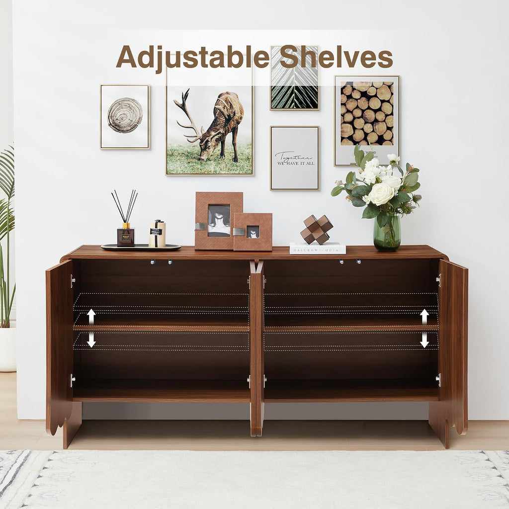 ORRD Sideboard Buffet Cabinet, Accent Storage Cabinets with 4 Doors, Farmhouse Wood Cabinet with Adjustable Shelves and Wave Panel for Living Room, Dining Room, Entry - Walnut