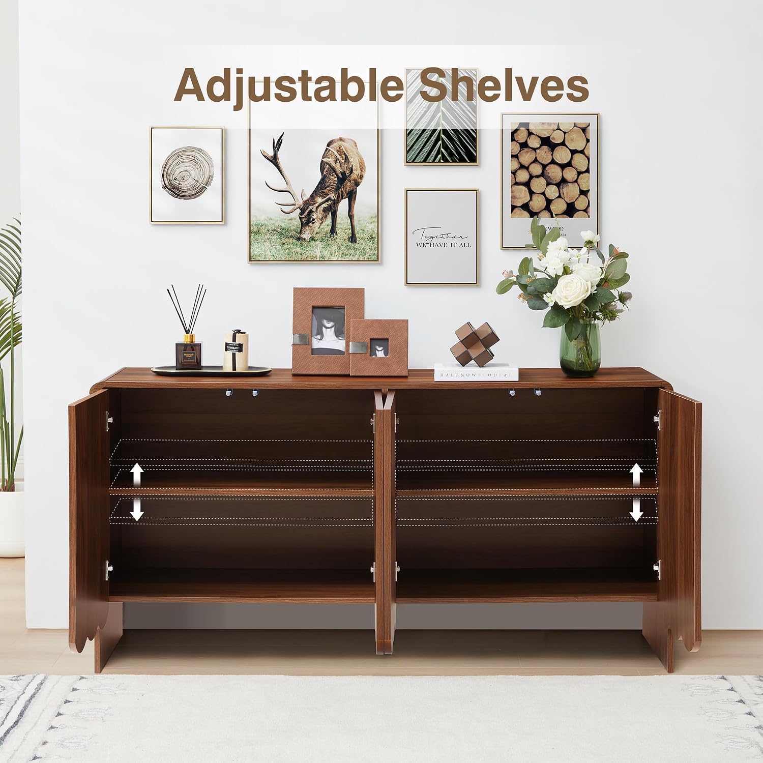 ORRD Sideboard Buffet Cabinet, Accent Storage Cabinets with 4 Doors, Farmhouse Wood Cabinet with Adjustable Shelves and Wave Panel for Living Room, Dining Room, Entry - Walnut