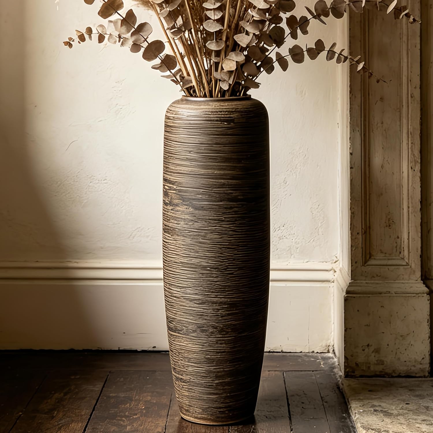 Vintage Ceramic Floor Vase – 23.6 Inch Distressed Glazed Oversized Floor Urn, Rustic Country Decor for Entryway, Living Room & Corner
