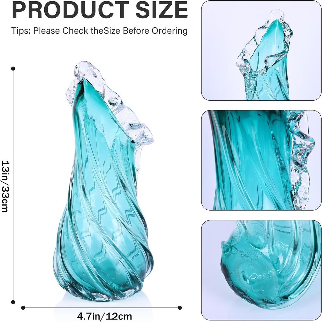 Hand Blown Blue Large Glass Vase Set - Artistic Clear Blue Vase for Coastal & Modern Home Decor, Ocean Wave Vase Design Light Luxury Style for Home Decor, Centerpiece, Office (L)