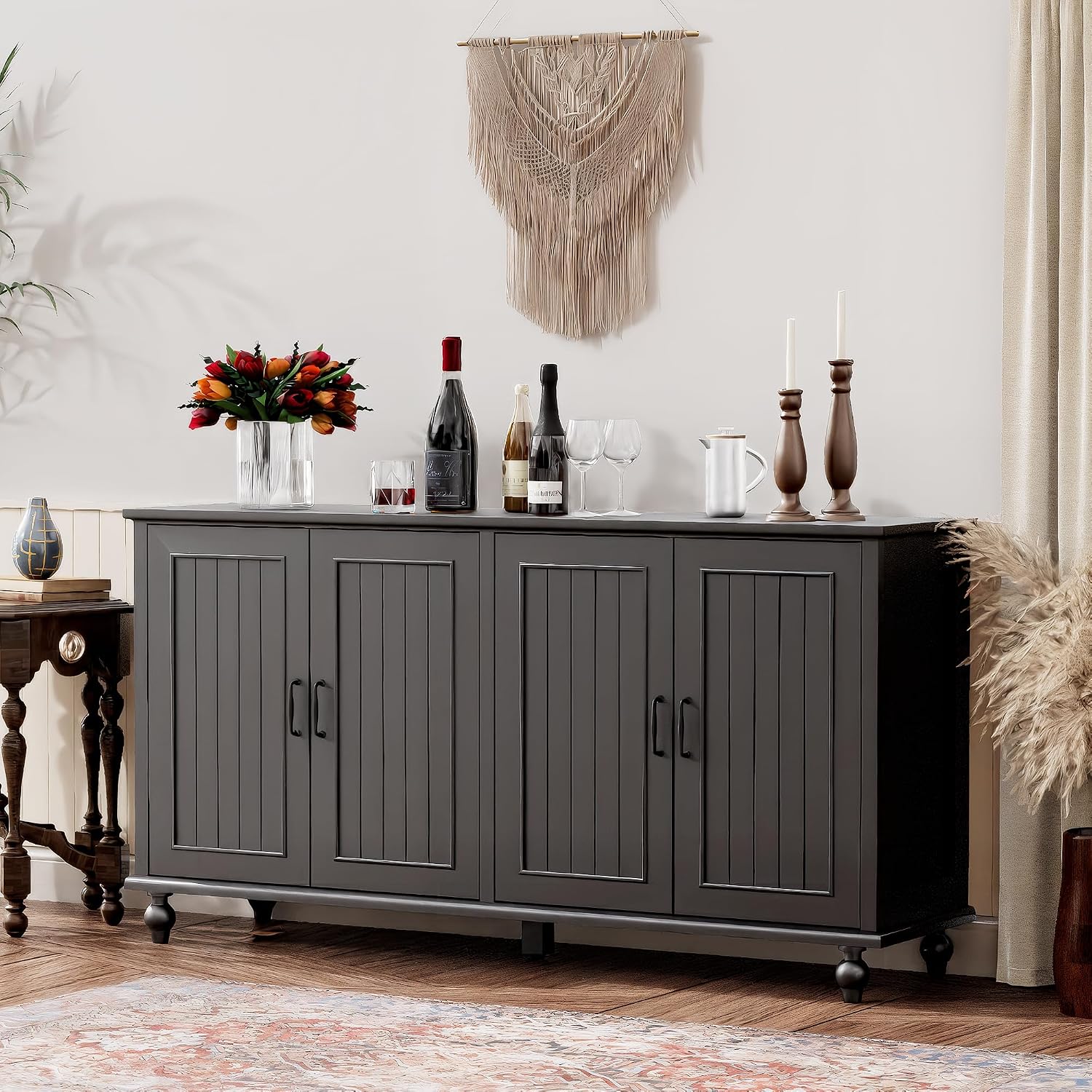 Scurrty 62'' Coffee Bar Cabinet Kitchen with Storage, Buffet Cabinet with Storage, Sideboard Buffet for Dinning Room, Kitchen & Living Room (4 Doors, Black)