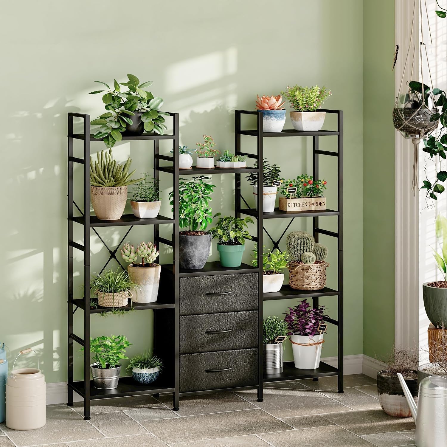 AFLUI Triple Bookshelf with 3 Fabric Drawers, 4-Tier Book Shelf and 10 Display Shelves, Industrial Large Bookcase for Home & Office, Black, 47'' Wide