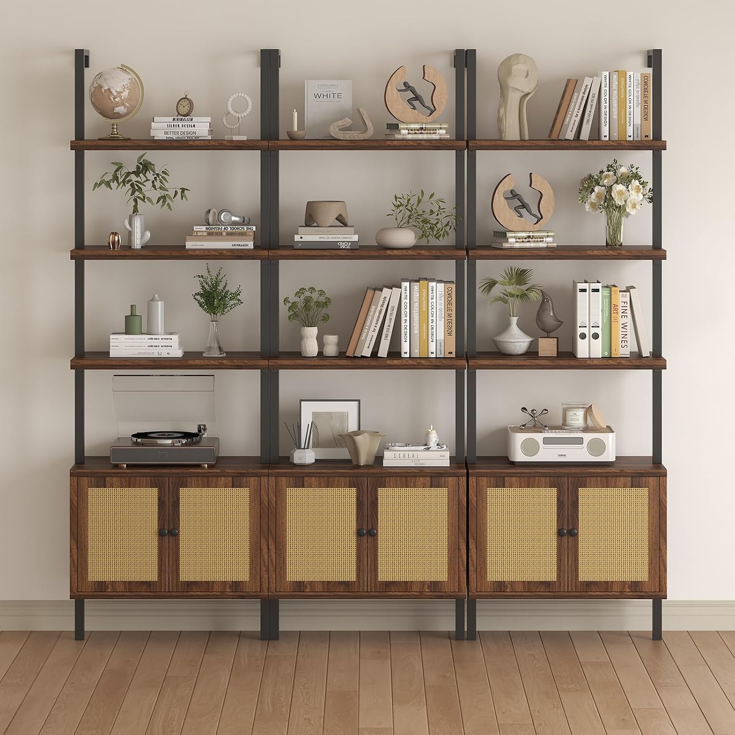 Airynee Ladder Bookshelf, 4 Tier Book Shelf with Rattan Cabinet, Wall Mount Bookshelves and Bookcases with Metal Frame, Anti Dump, Tall Bookcase for Living Room, Home Office, Bedroom Walnut 3pcs