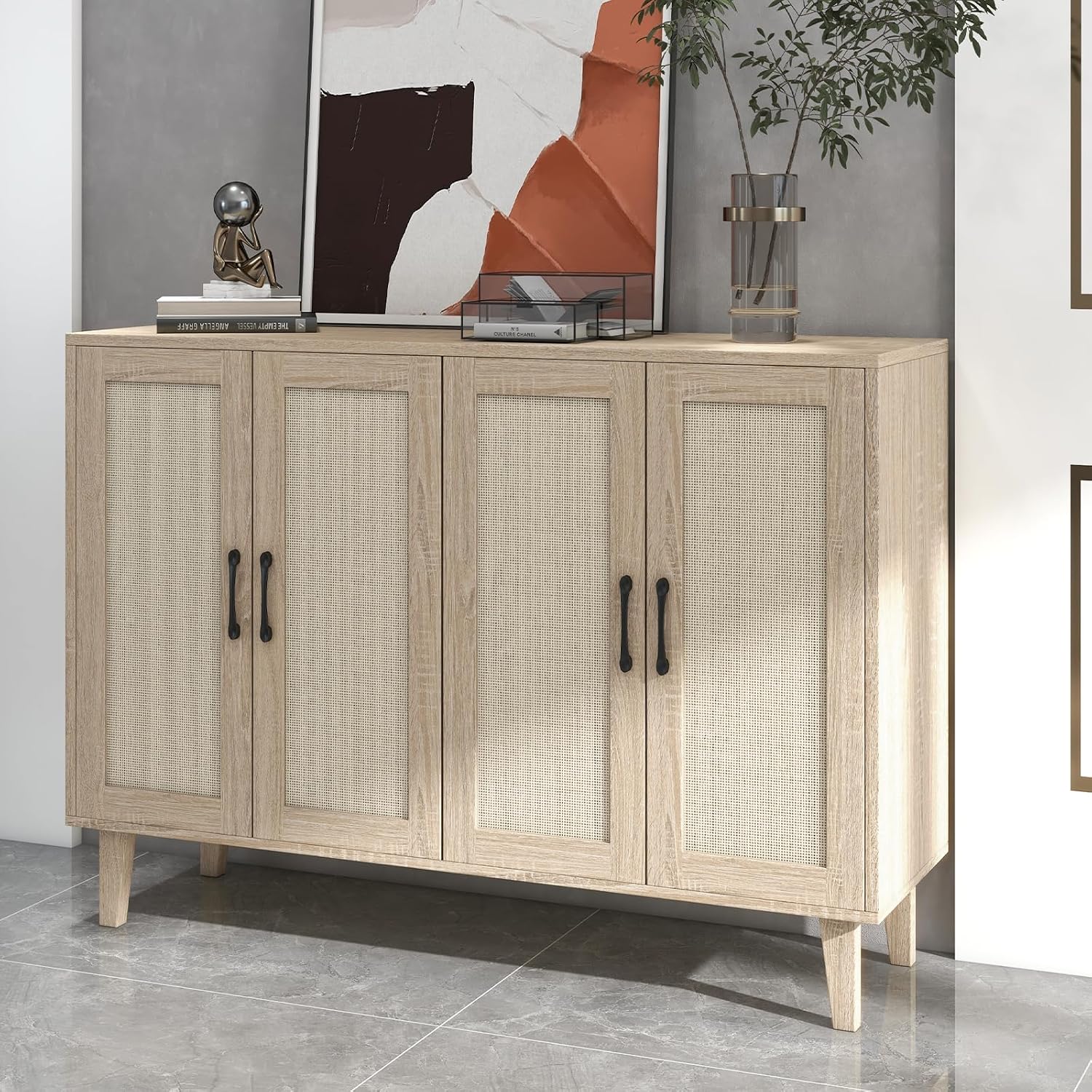 Panana Buffet Storage Cabinet with Rattan Decorating 4 Doors Living Room Kitchen Sideboard 48.43 x 34.65 x 15 inch (Natural Wood)