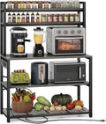 Denkee Large Bakers Rack with Power Outlets, 38 Inch Microwave Stand with Storage, 5-Tier Coffee Bar Stand, Industrial Kitchen Shelf Rack, Grey