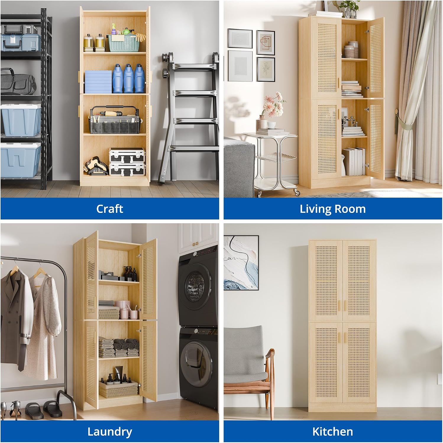 Cozy Castle Kitchen Pantry Cabinet, 71' Tall Rattan Doors Storage Cabinet and Adjustable Shelves, Modern Farmhouse Wood Cupboard Utility Hutch for Kitchen, Dining Room, Living Room (Oak)
