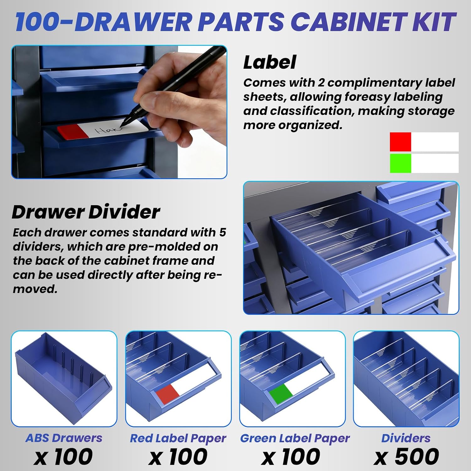 100 Drawer Nut and Bolt Organizer, Parts Cabinet with 500 Partitions & 200 Label, Stainless Steel Bolt Bin with ABS Drawers, Metal Storage Cabinet for Hardware Storage (100 Drawer)
